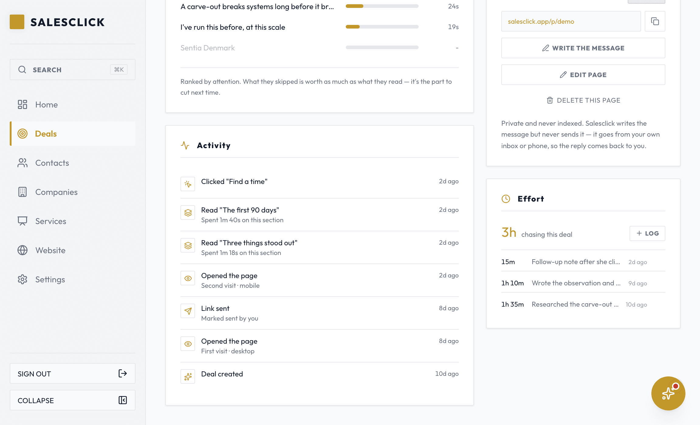 A Salesclick deal screen with its activity timeline: opened the page, read two sections with time spent on each, opened on a second device, clicked Find a time